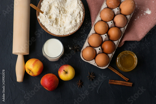 pie charlotte pie ingredients apples flour eggs honey background for the menu