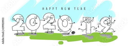 Funny cartoon number of 2020 welcome happy new year and going 2019 on abstract background. Header or banner design.