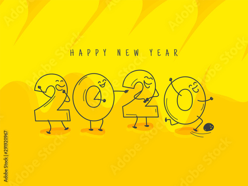 Funny cartoon number of 2020 on yellow background for Happy New Year celebration. Can be used as greeting card design.