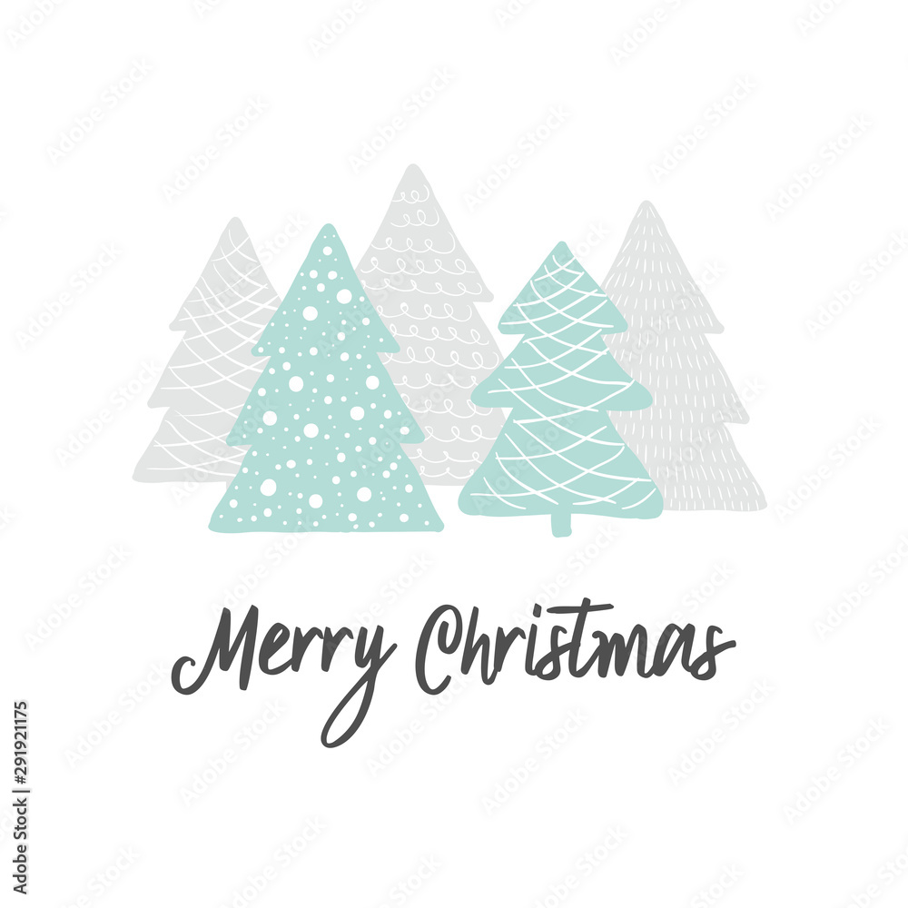 Scandinavian Christmas greeting card. Forest with Christmas trees. Vector hand drawn minimalistic cute illustration
