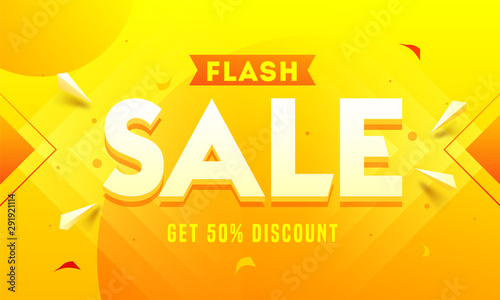 Flash Sale banner or poster design with 50% discount offer on abstract background.
