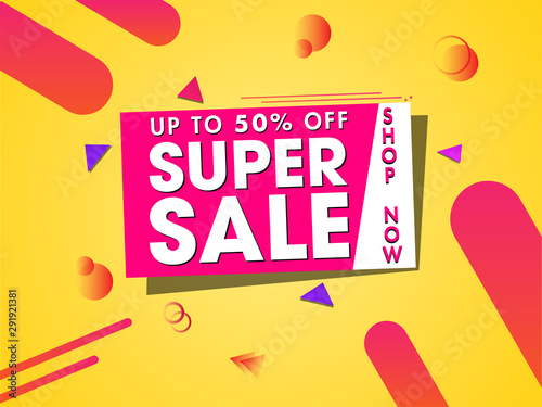 Super Sale banner or poster design with 50% discount offer and abstract elements decorated on yellow background.
