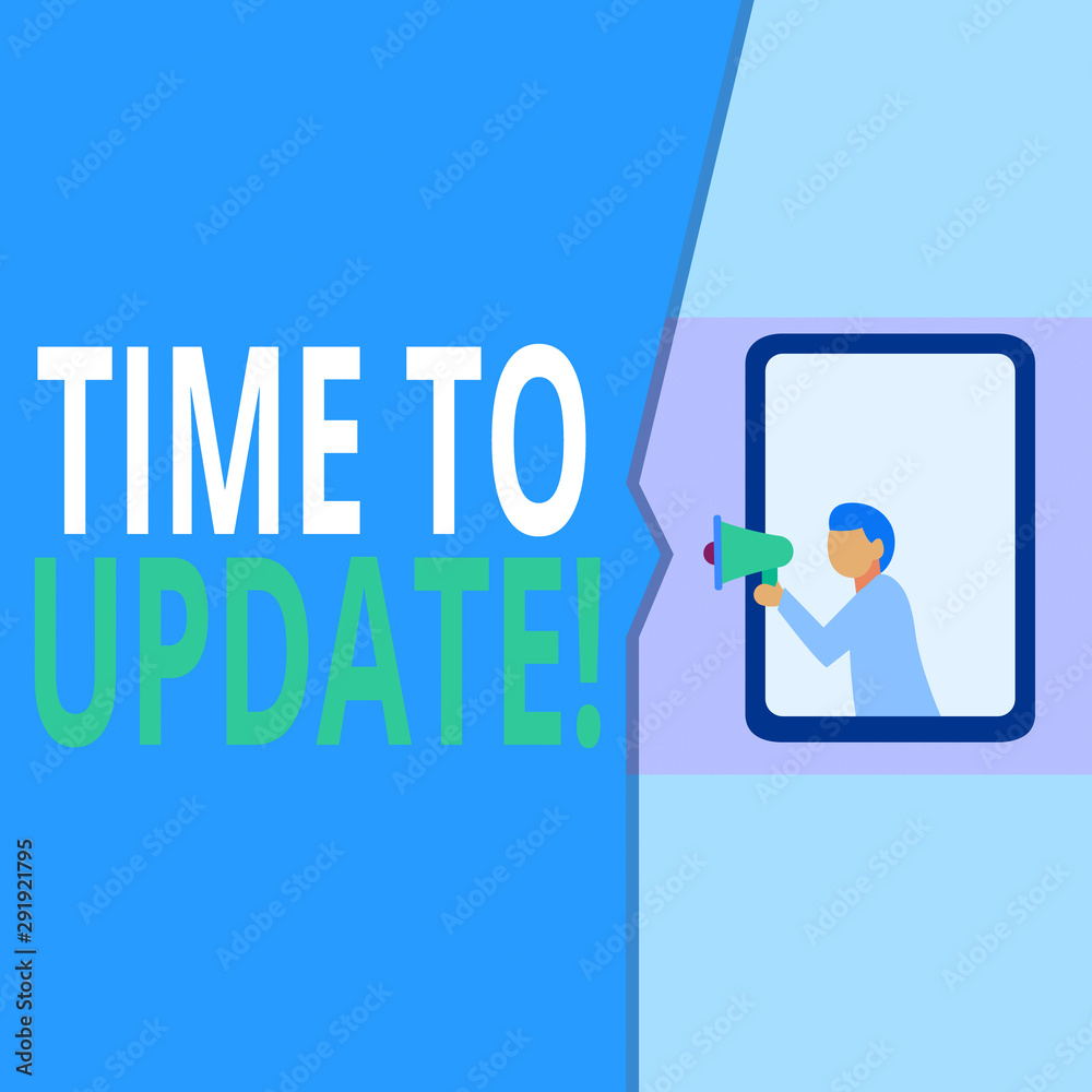 Conceptual hand writing showing Time To Update. Concept meaning this is right moment to make something more modern new Geometrical background man chest holding megaphone speech bubble