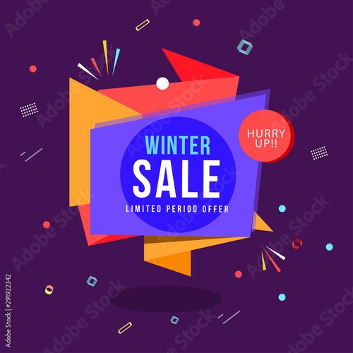 Winter Sale tag, label or ribbon design with abstract elements on purple background.