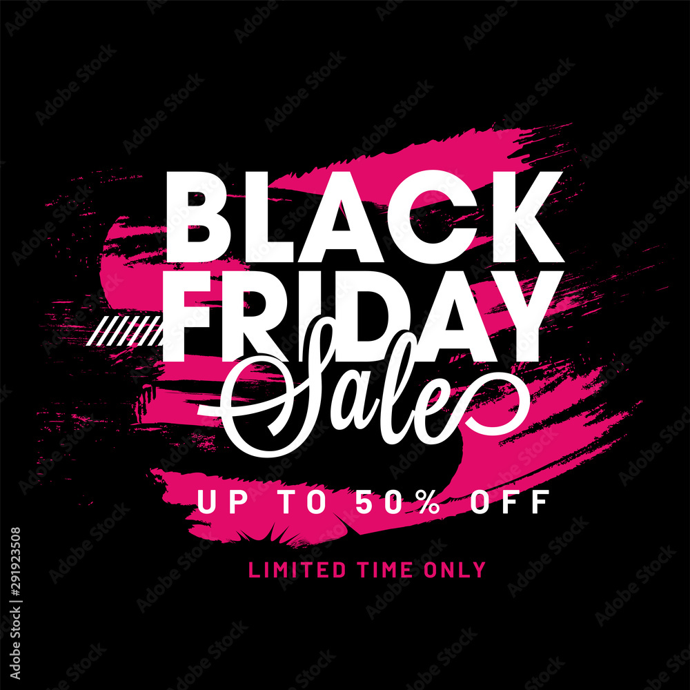 Black Friday Sale poster or template design with 50% discount offer on pink brush stroke effect background.