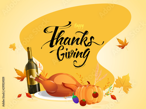 Happy Thanksgiving celebration poster design with champagne bottle, pumpkin, chicken and autumn leaves decorated on yellow abstract background.