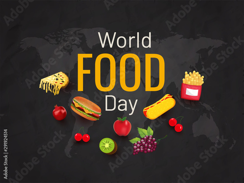 Typography of World Food Day with fruits and fast food elements decorated on black world map background. Can be used as banner or poster design.