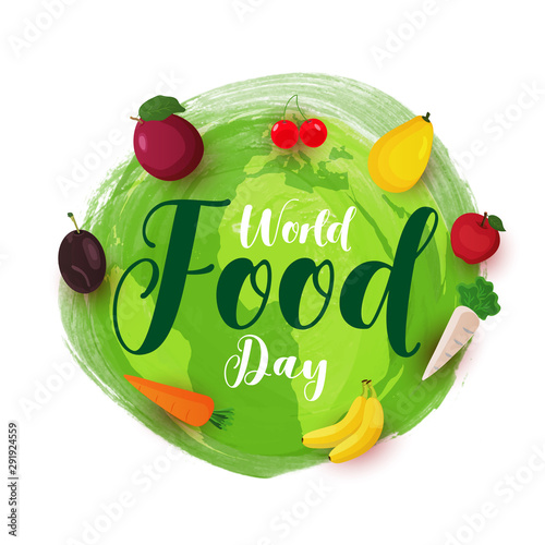 World Food Day poster or template design with fruits, carrot and radish on green earth globe brush stroke background.