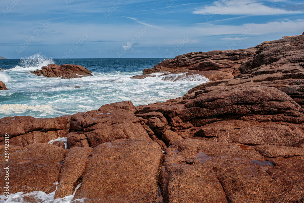 Bretonic Coast and Beach with Granite Rocks at the Cote de Granit Rose - Pink Granite Coast