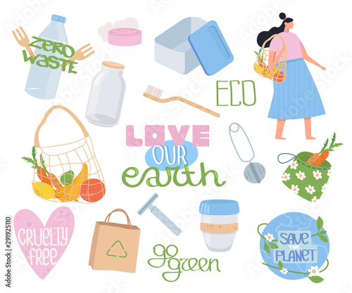 Collection of ecology, zero waste objects, lettering and people. Set reusable items or products. No plastic. Go green. Flat cartoon vector illustration.