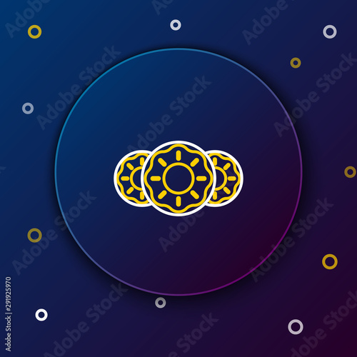 White and yellow line Donut with sweet glaze icon isolated on dark blue background. Colorful outline concept. Vector Illustration