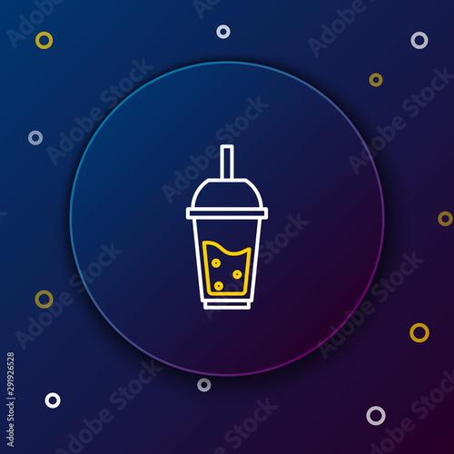 White and yellow line Glass of lemonade with drinking straw icon isolated on dark blue background. Colorful outline concept. Vector Illustration