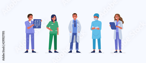People characters work in Hospital. Nurse, doctor therapist, surgeon and other medical staff standing together. Male and female medical characters set. Flat cartoon vector illustration.  photo