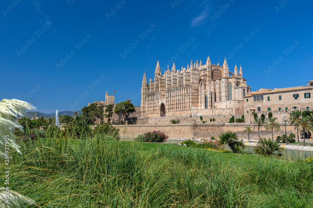 Exteror of Cathedral La Seu famous ancient tourist attraction in Palma de Mallorca, symbol of city, largest Gothic church most valuable building in Spain, Balearic Islands