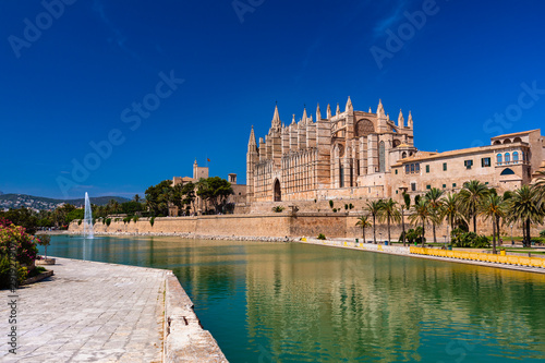 Exteror of Cathedral La Seu famous ancient tourist attraction in Palma de Mallorca  symbol of city  largest Gothic church most valuable building in Spain  Balearic Islands