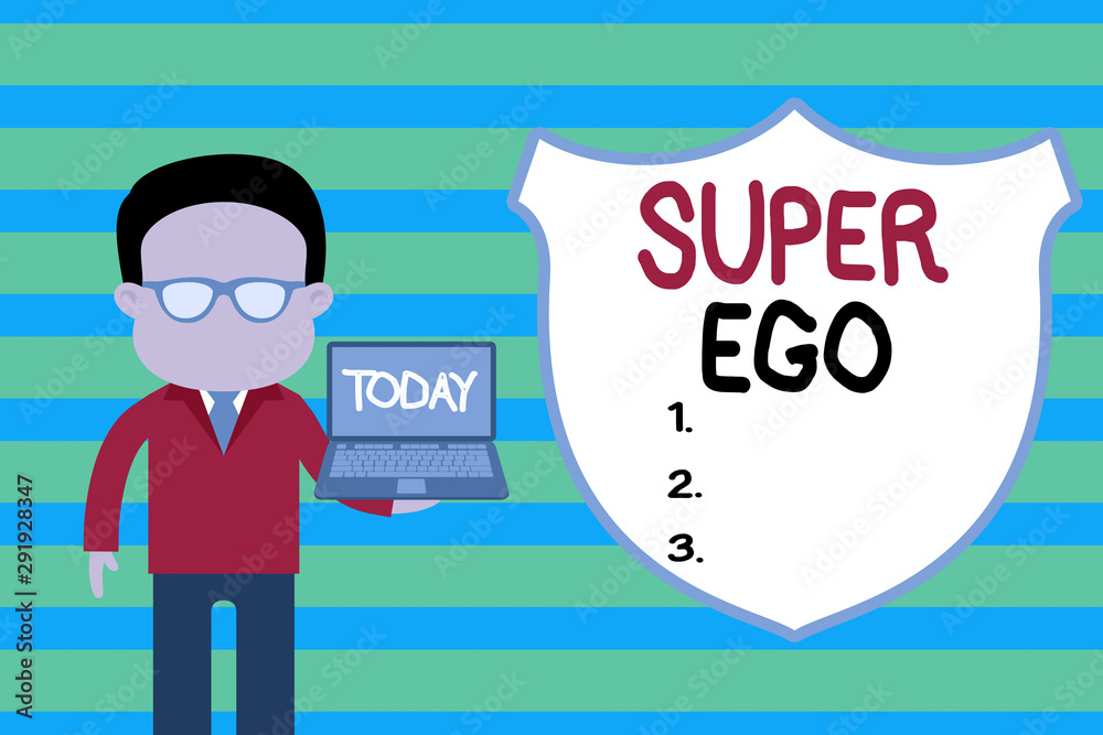 Conceptual hand writing showing Super Ego. Concept meaning The I or self of any demonstrating that is empowering his whole soul Man in suit wearing eyeglasses holding open laptop photo Art Conceptual hand writing showing Super Ego. Concept meaning The I or self of any demonstrating that is empowering his whole soul Man in suit wearing eyeglasses holding open laptop photo Art