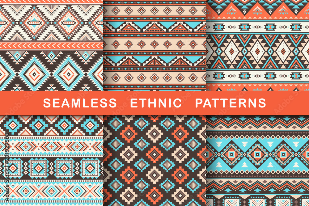 Ethnic seamless patterns. Set of aztec geometric backgrounds. Collection of stylish navajo fabric. Tribal modern abstract vector illustration.