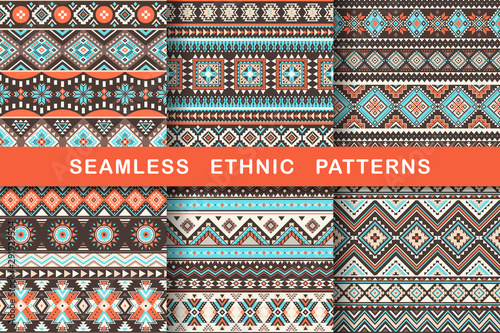 Ethnic seamless patterns. Set of aztec geometric backgrounds. Collection of stylish navajo fabric. Tribal modern abstract vector illustration.