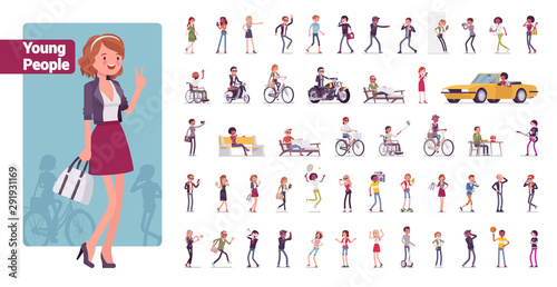 Young folks big bundle character set. Active people of nice appearance wearing modern clothing enjoying youth, life in sport and misic Vector flat style cartoon illustration isolated, white background