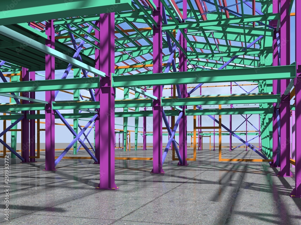 BIM building model of columns, beams, ties, girders. The metal structures are welded and bolted together. 3D rendering. The drawing of the building structure is made by an engineer. BIM building model of columns, beams, ties, girders. The metal structures are welded and bolted together. 3D rendering. The drawing of the building structure is made by an engineer.