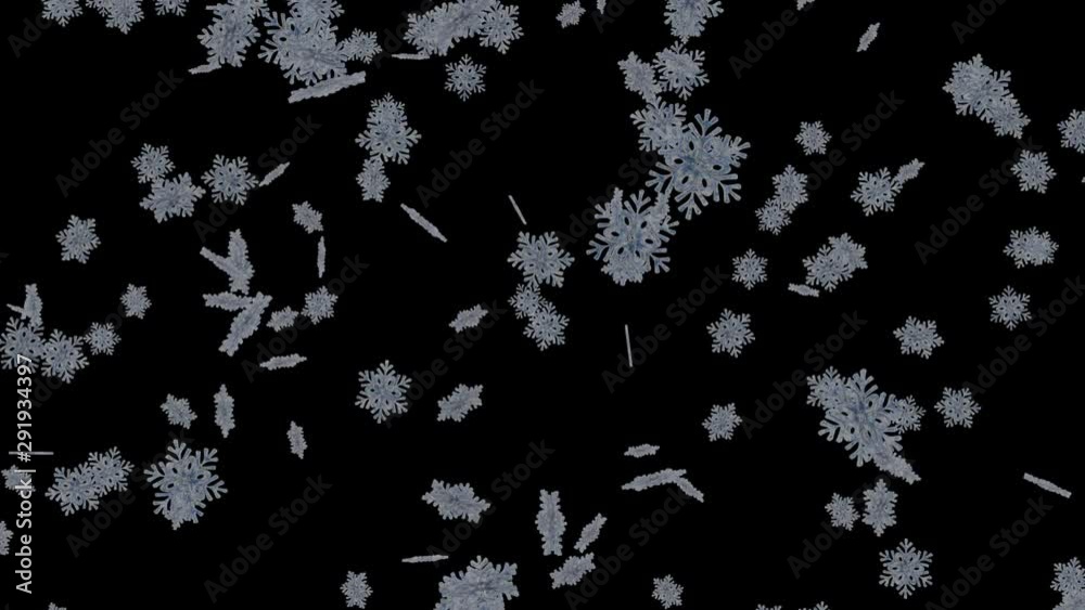 Decorative snowflakes float in air in a black background. Festive snowfall. Holiday animation background. Decorative snowflakes float in air in a black background. Festive snowfall. Holiday animation background.