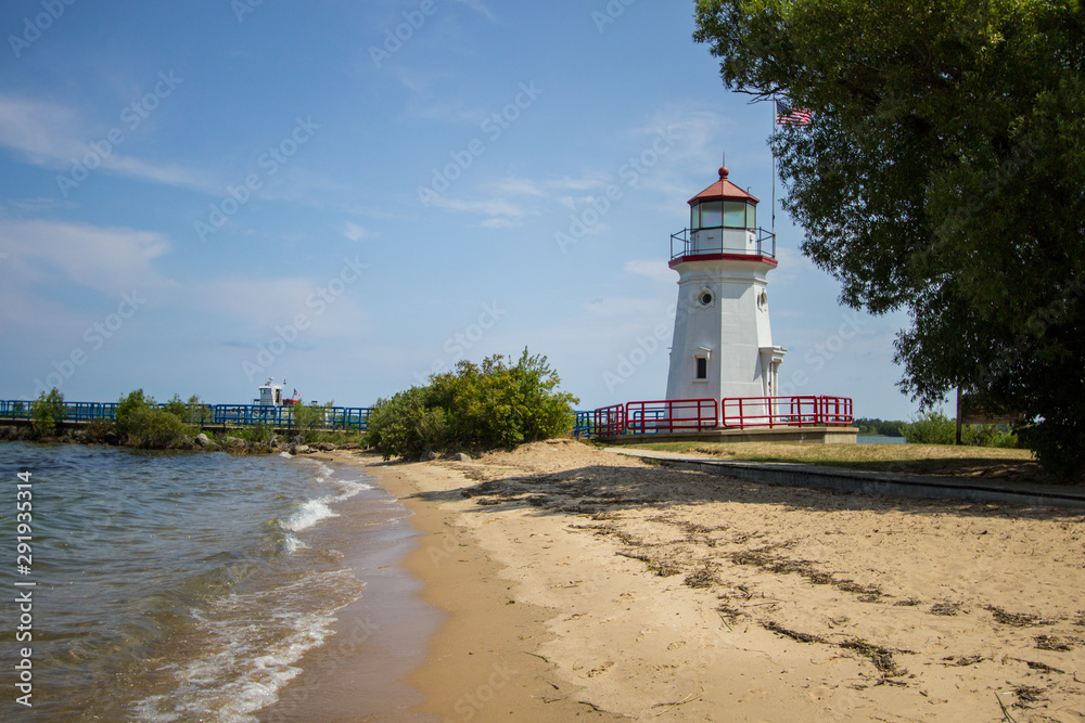 Historic Cheboygan Lighthouse on the coast of Lake Huron in Cheboygan Michigan