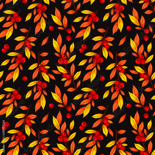 Floral seamless pattern with autumn branches, leaves and red berries on dark brown background. Nature design for fabric, wallpaper, textile, web design.
