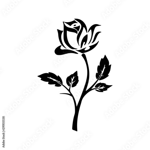 Black silhouette of rose isolated on white background. Vector illustration.