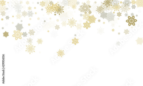 Gold silver platinum paper snowflakes flying vector winter background.
