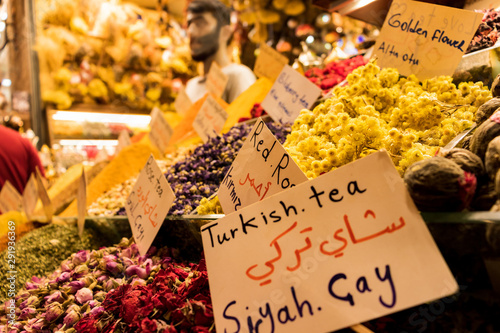 Fototapeta Naklejka Na Ścianę i Meble -  various types of tea on display in Spice Bazaar i Istanbul, Turkey