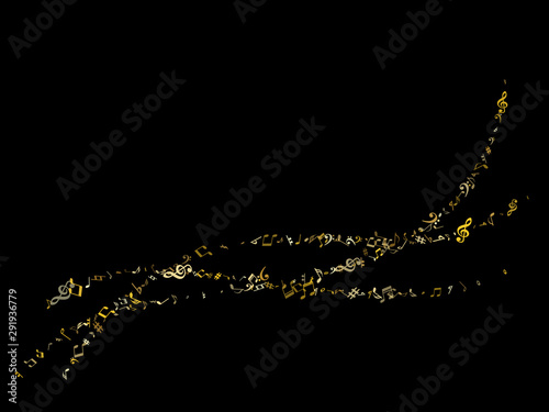 Gold flying musical notes isolated on black backdrop.