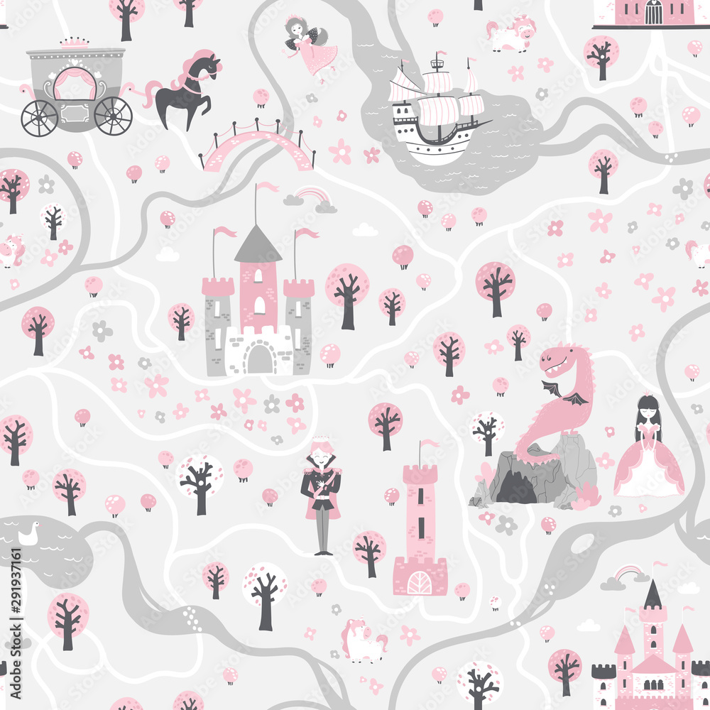 Seamless card pattern with prince and princess, unicorns and fairies ...