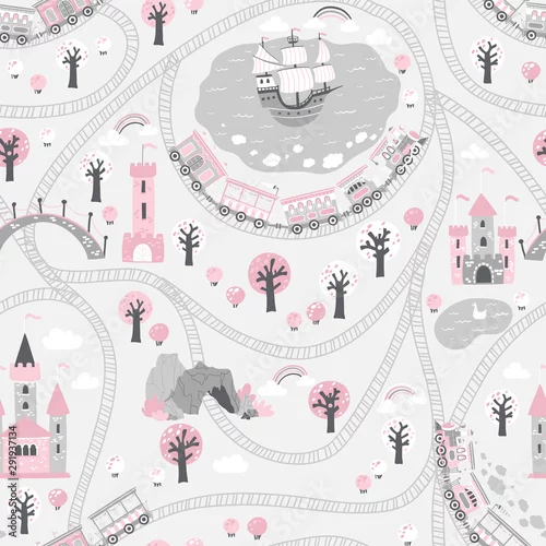 Tapety Królestwo wzór w odcieniach szarości różu. Ilustracja wektorowa dla dzieci w stylu skandynawskim z koleją i pociągiem, morze, statek, zamek księżniczki. idealny do tekstyliów dla niemowląt