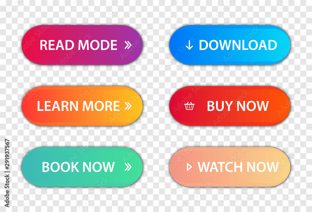 Set of vector modern trendy flat buttons.Call to action buttons; Read More, learn more, buy now, download, watch now, book more colorful button set. Different gradient colors and icons with shadows. Set of vector modern trendy flat buttons.Call to action buttons; Read More, learn more, buy now, download, watch now, book more colorful button set. Different gradient colors and icons with shadows.