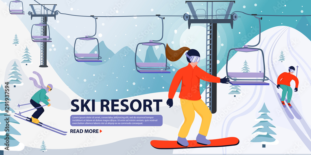 Ski resort banner illustration with ski lift. Skiers and snowboarders sportsman slide down the slopes. Snowboarding and skiing in the mountains. Vector illustration.