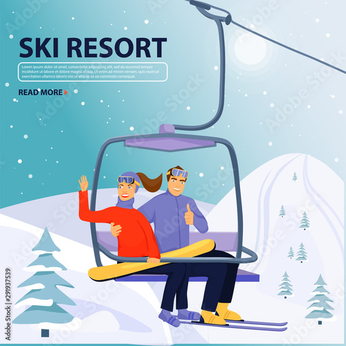 Winter vacations activity concept. Happy couple rise to the ski lift elevator. Pretty woman waving hand and handsome man giving thumbs up sign. Ski resort season is open. Vector illustration with copy