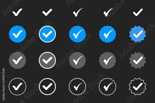 Profile Verification. Verified badge. Set of verified icon with social media verified badge style. Approved icon. Accept badge. Check mark. Approved, verified and protected icons set photo