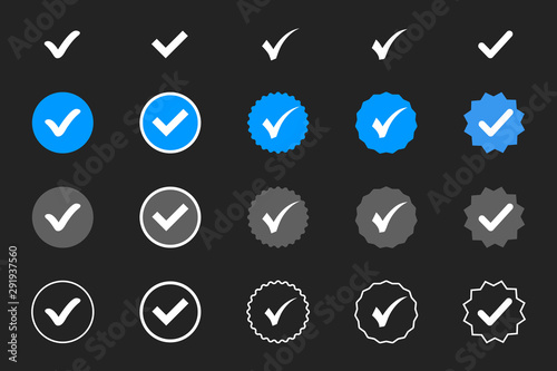 Profile Verification. Verified badge. Set of verified icon with social media verified badge style. Approved icon. Accept badge. Check mark. Approved, verified and protected icons set