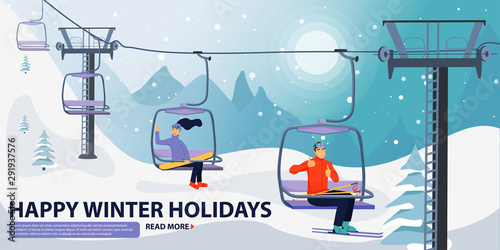 Winter vacations activity concept. Happy people rise to the ski lift elevator. Pretty woman waving hand and handsome man giving thumbs up sign. Ski resort season is open. Vector illustration with copy
