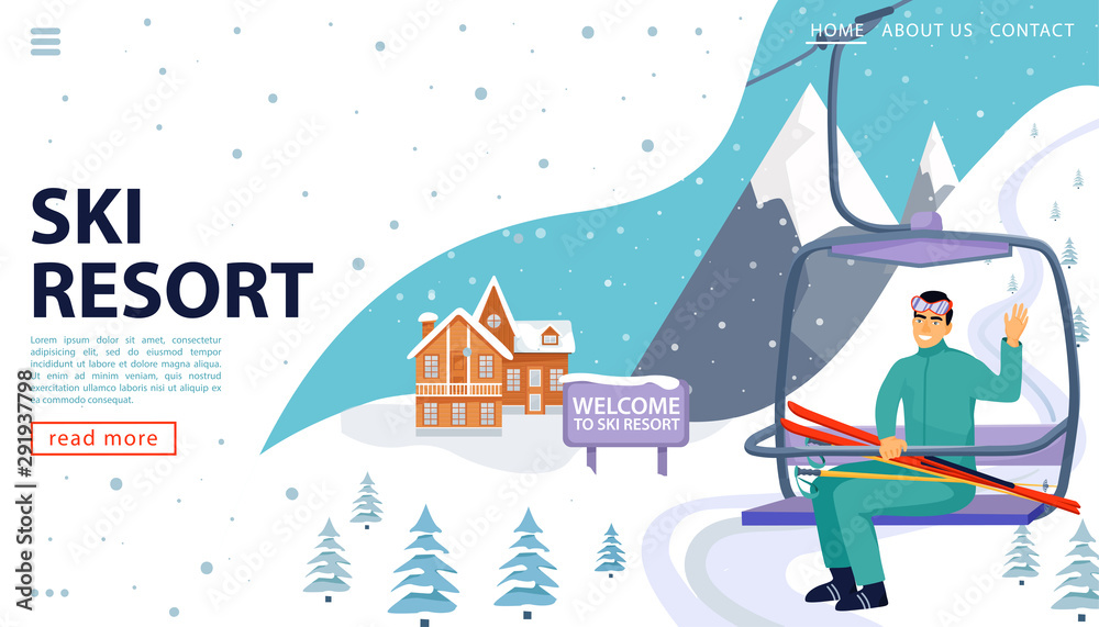 Ski resort web page concept with wooden house, ski lift and snowy mountains. Happy man rise to the ski lift elevator and and waving hand. Welcome to ski resort. Vector illustration.