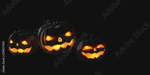 Halloween 3D illustration. Pumpkin ghost. Jack Pumpkinhead. Jack-O-Lantern. Burning eyes on background of night forest © Siarhei