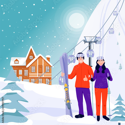 Ski resort banner illustration with wooden house, ski lift and happy couple with skis on snowy landscape. Family standing and holding sport equipment. Vector illustration.