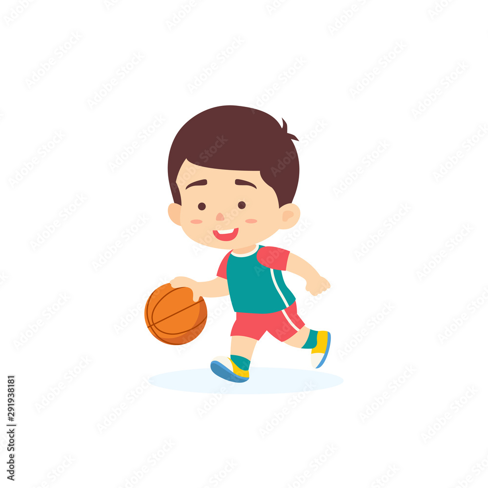 Cute boy dribbling basketball, kids sport vector illustration