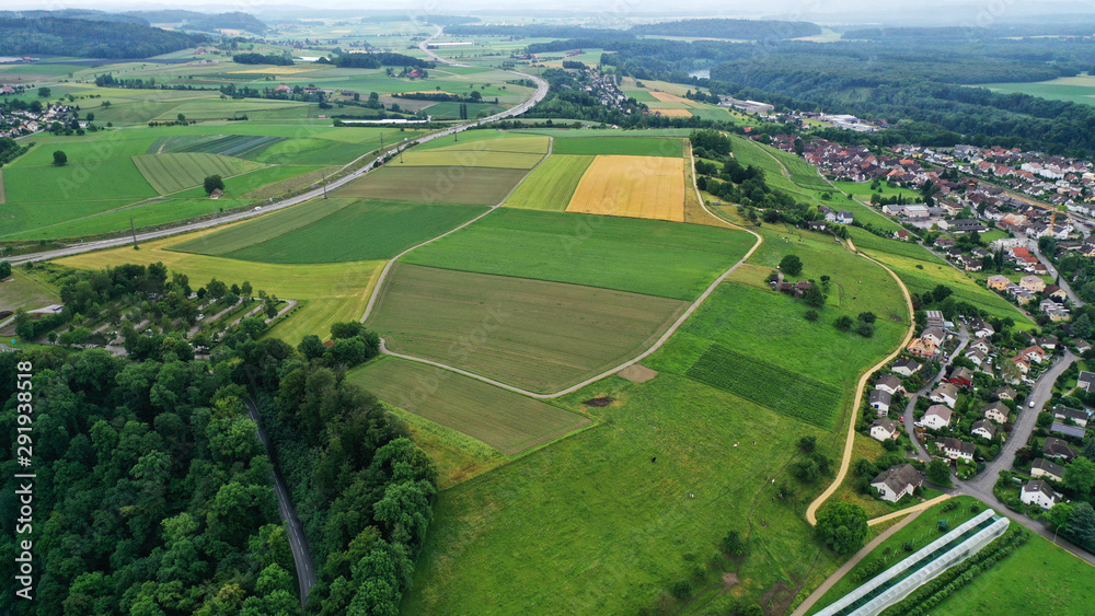 Aerial view of agricultural green and yellow fields trees, houses, road around Rhein river near border between Switzerland and Germany.