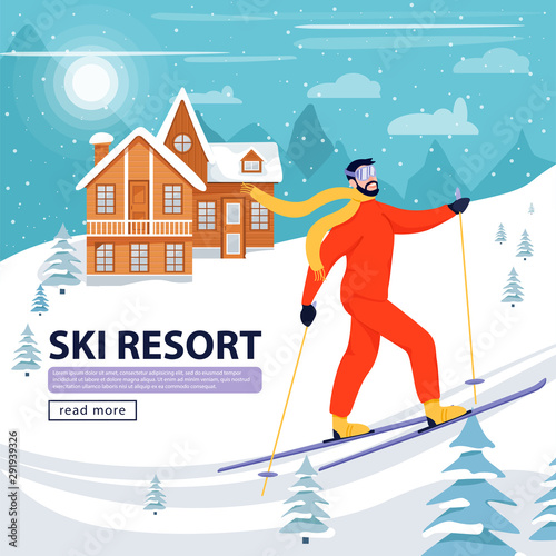 Ski resort banner illustration with skier, wooden hotel and snowy mountains. Happy man skiing in the mountains. Ski resort season is open.  Vector illustration with copy space.