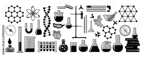 Chemistry. Formulas of chemical elements, molecules, instruments.
