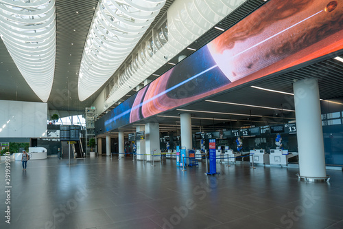 Saratov, Russia - August 20, 2019: Gagarin International Airport, view inside the terminal