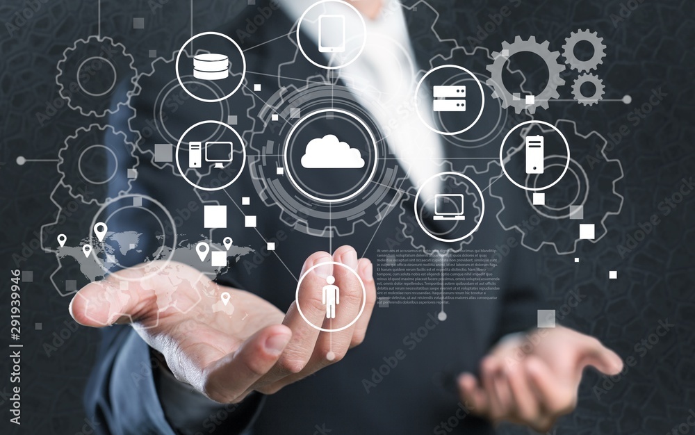 Man holding business elements icons on screen