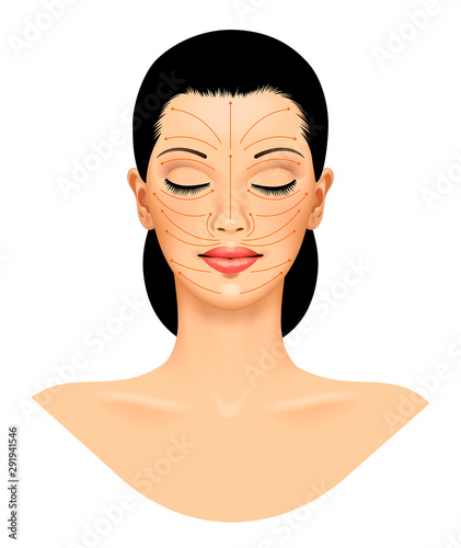 Anti aging treatment and plastic surgery concept. Beautiful young woman with red arrows over face.