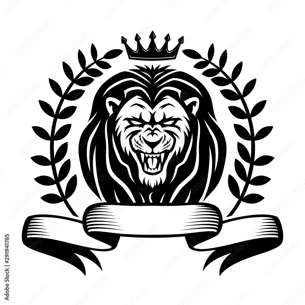 Angry lion with laurel wreath and ribbon on a white background.